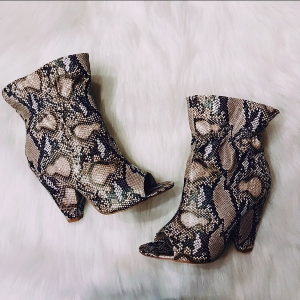 Snake print peep toe booties